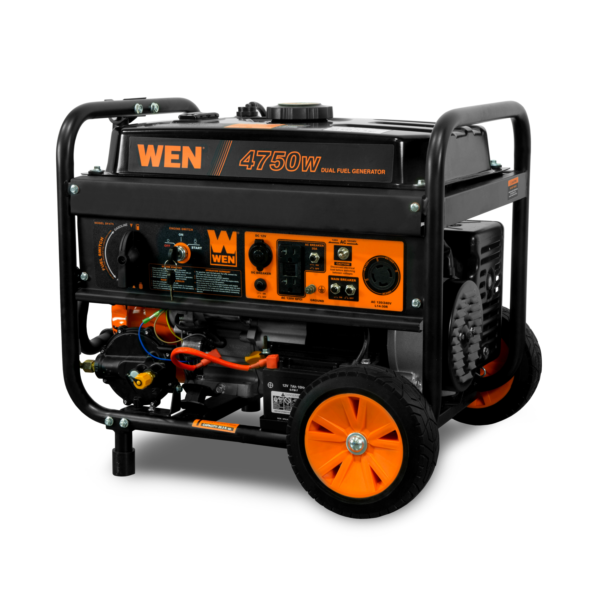WEN Dual Fuel Generator 4750 Surge Watts, 3800 Rated Watts, 120/240V, Electric Start, Wheel Kit, Model# DF475T